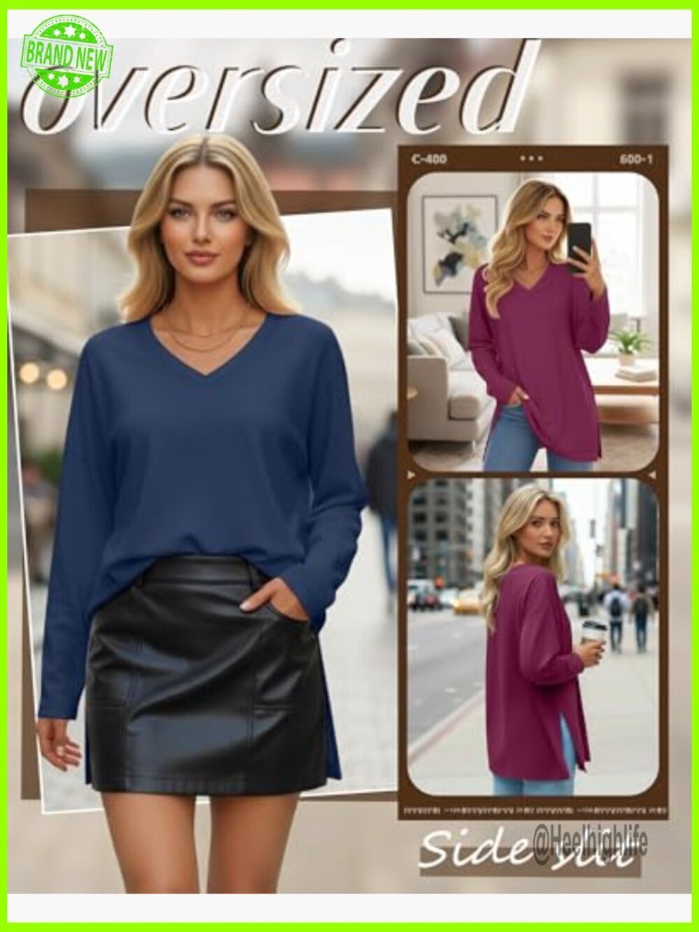 3 Pack Oversized Long Sleeve V-Neck Tunic Tops Loose Fit Workout Casual - Picture 4 of 6